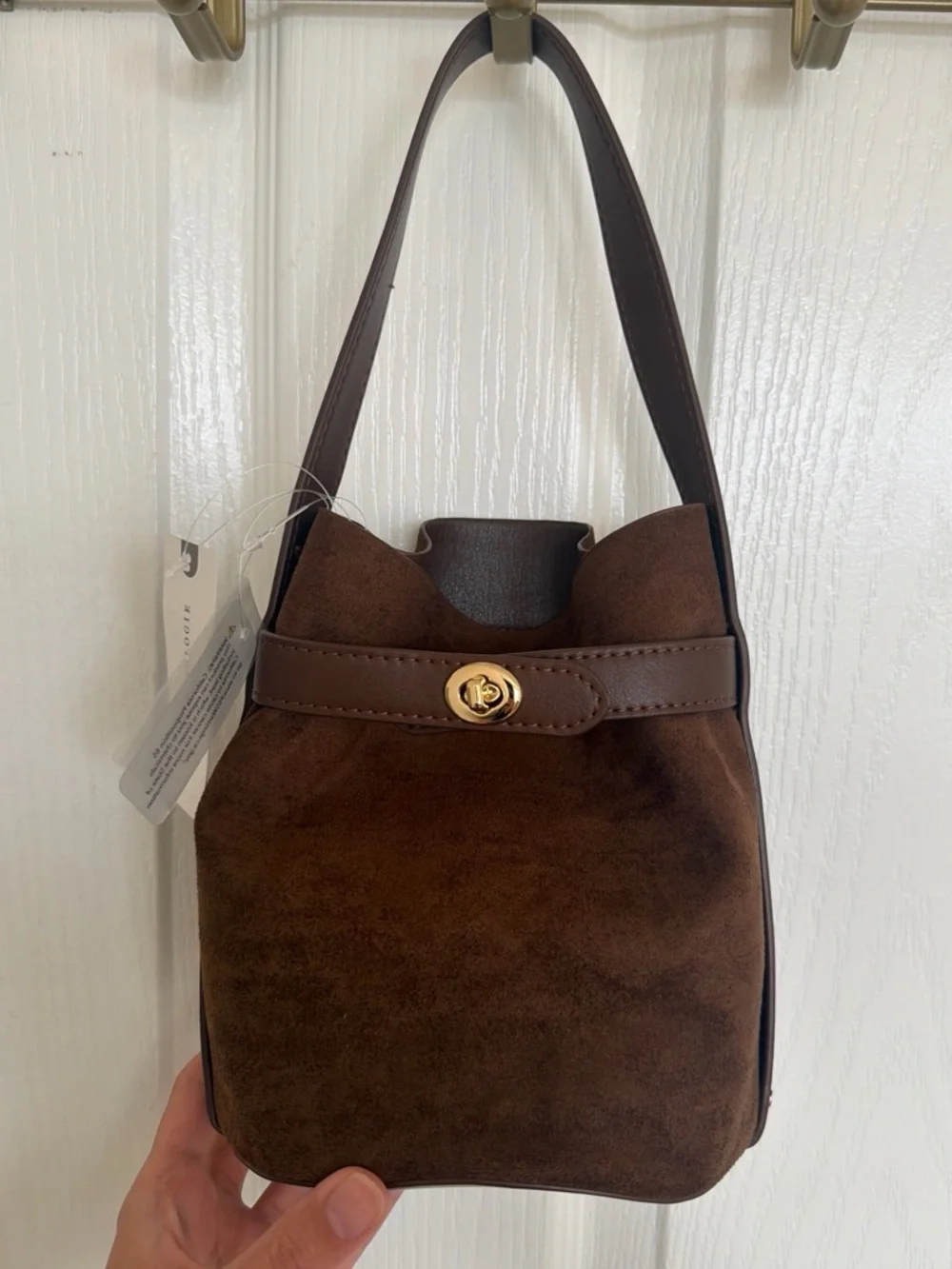 Anthropologie Brown faux suede bucket bag with leather strap and leather pouch